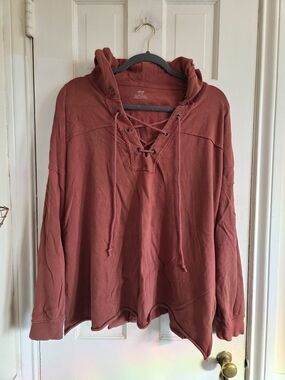 aerie Ribbed Hooded Pullover in Rust
